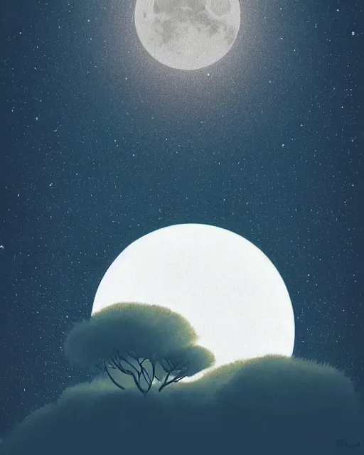 Prompt: beautiful painting of a serene moon at night, art by mike winkelmann, sky night, illustration, highly detailed, simple, smooth and clean vector curves, no jagged lines, vector art, smooth, artstation