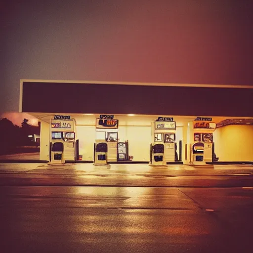 Image similar to “gas station photography,night,rain, various subjects, cinestill 800t, in the style of William eggleston”