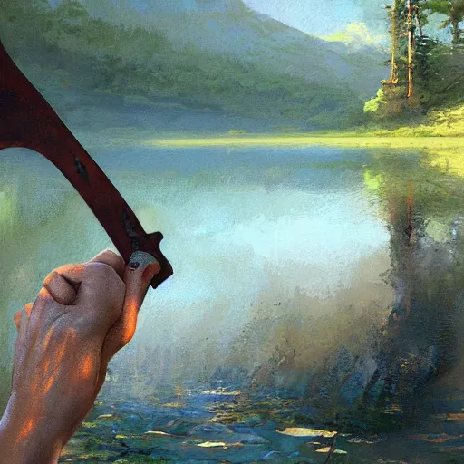 Image similar to a beautiful painting of a hand appearing from a lake holding a sword by james gurney, craig mullins