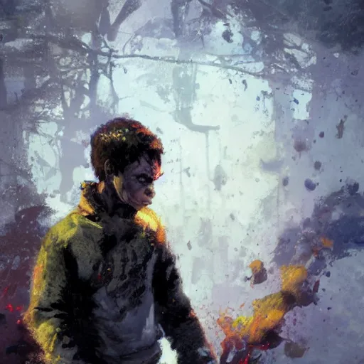 Prompt: a teenage boy with a slouch and acne looking extremely angry. Snarling. Balling fists. By Craig Mullins. Jordan Grimmer.