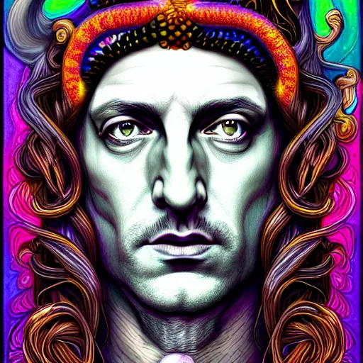 Image similar to an extremely psychedelic portrait of aleistercrowley as medusa, surreal, lsd, face, detailed, intricate, elegant, lithe, highly detailed, digital painting, artstation, concept art, smooth, sharp focus, illustration