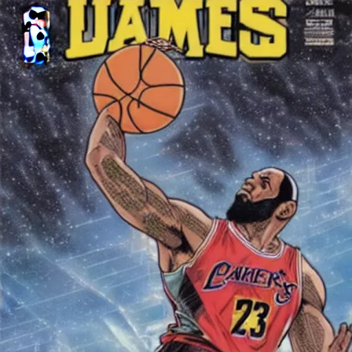 Image similar to comic book cover art of lebron james dunking a basketball by yusuke murata