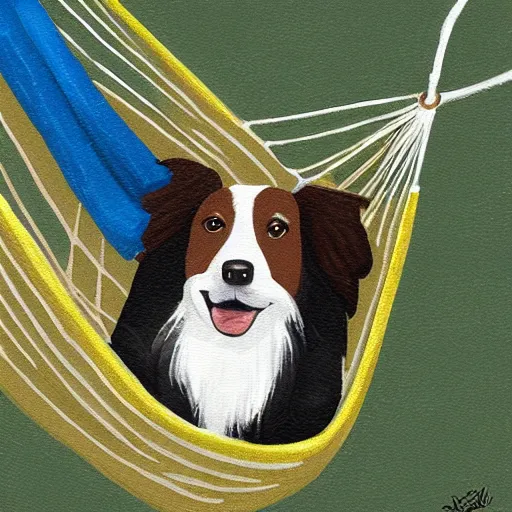 Prompt: brown border collie relaxing in a hammock drinking hot chocolate, digital painting