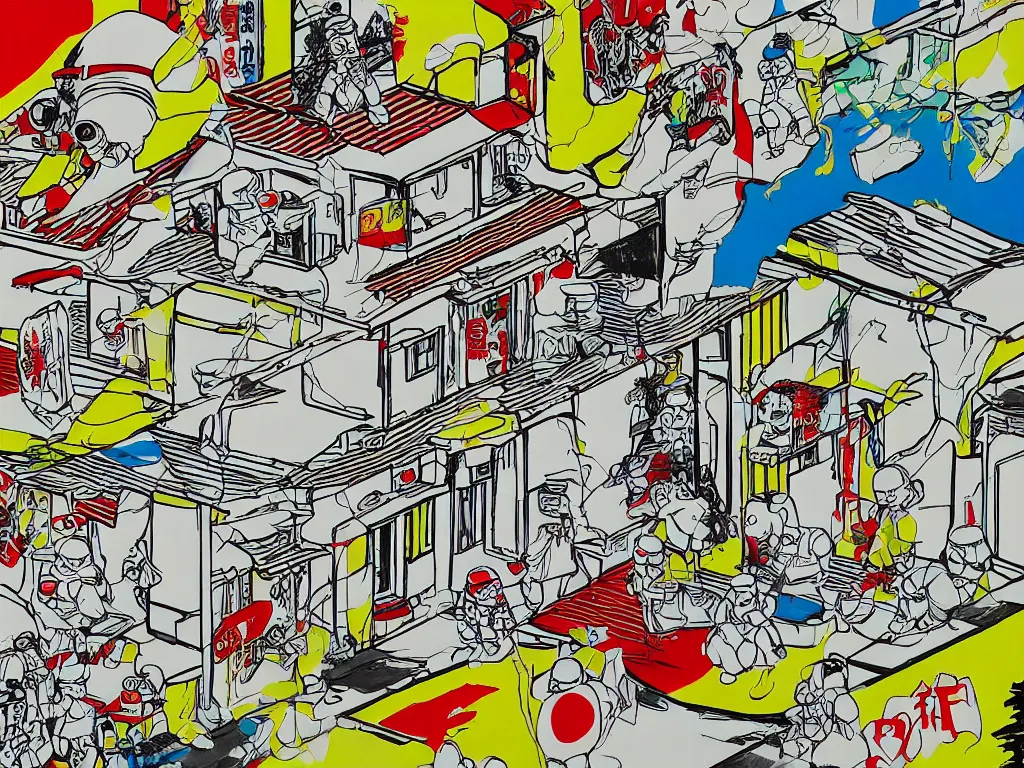 Prompt: detailed close - up image of the japanese home with a garden, stormtroopers in hot springs, pop - art style, jacky tsai style, andy warhol style, roy lichtenstein style, rich palette, acrylic on canvas