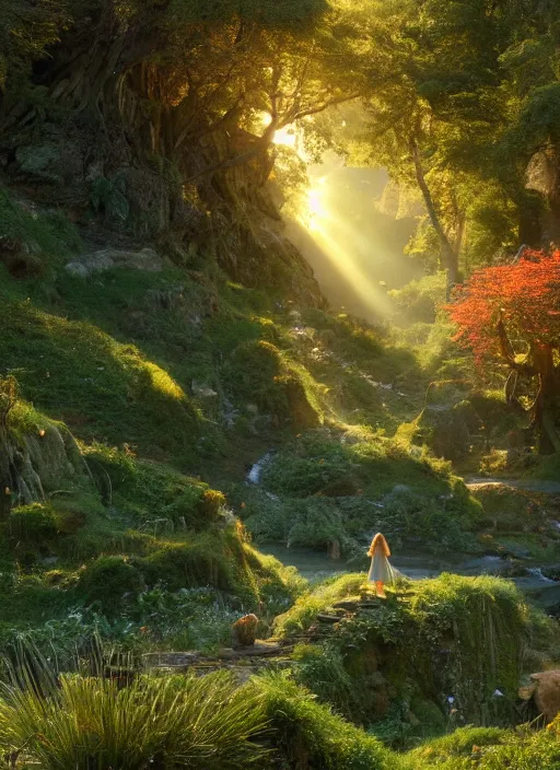 Image similar to a fairy flying in the distance in a lord of the rings scenery landscape, a vast lush valley flowers and wood structures, stream, sunrise, god's rays highly detailed, vivid color, cinematic lighting, perfect composition, 8 k, gustave dore, derek zabrocki, greg rutkowski, belsinski, octane render