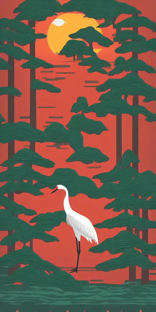 Image similar to a portrait of japanese crane waiting on a lake next to a forest of japanese pines, a big red sun in the background, logo design, fresh modern style, thick vector line art, trending on behance, stunning, matte