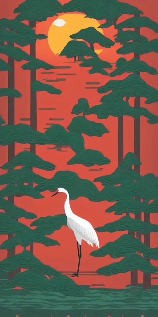 Prompt: a portrait of japanese crane waiting on a lake next to a forest of japanese pines, a big red sun in the background, logo design, fresh modern style, thick vector line art, trending on behance, stunning, matte