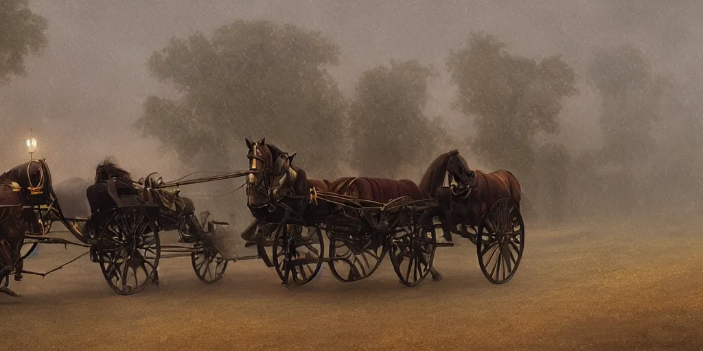 Image similar to Horse and carriage, August 9th 1875, fog, rain, volumetric lighting, beautiful, golden hour, sharp focus, highly detailed, cgsociety