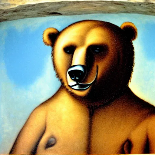 Image similar to portrait of anthropomorphic bear, lascaux caves painting