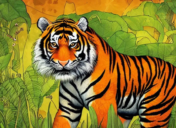 Prompt: a tiger in the centella asiatica in android jones style