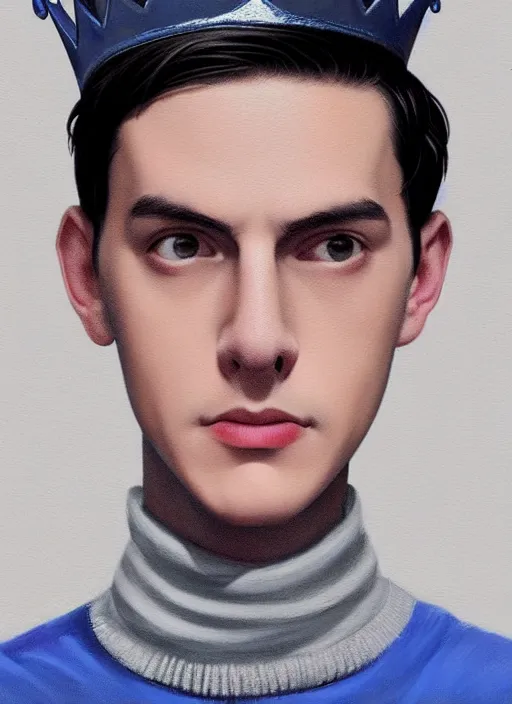 Image similar to portrait of teenage jughead jones wearing a light grey crown, crown, blue turtleneck, 1 9 5 0 s, closed eyes, photorealistic, black hair, glowing lighting, intricate, elegant, glowing lights, highly detailed, digital painting, artstation, concept art, smooth, sharp focus, illustration, art by wlop, mars ravelo and greg rutkowski