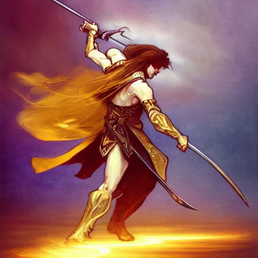 Image similar to a golden swordsman dances on the battlefield, his long hair swirling, fantasy, Mucha, Magic the Gathering, motion blur, dramatic