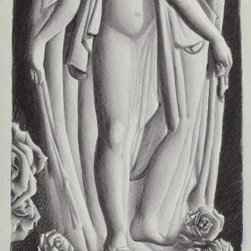 Prompt: 'Haze Goddess the Great Foresight standing over Black Roses laying on the grass as seen by the the artist'. quite amazing. super epic. More real than reality. vivid clarity as a lucid dream. simple but elegant drawing. amazing detail and shadowing. masterpiece marble statue with bourbon red tunic.