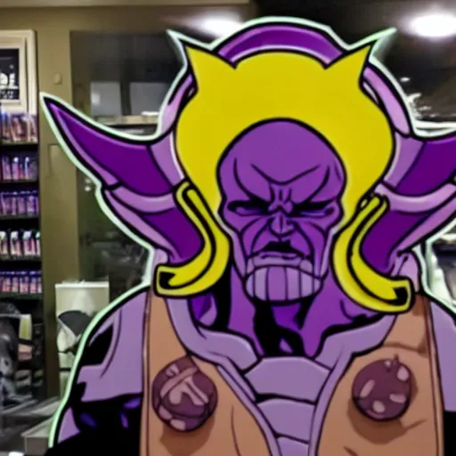 Image similar to thanos working at starbucks, demon slayer style