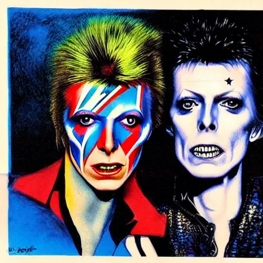 Image similar to david bowie from changes giving a piggy back ride to ziggy stardust. by basil gogos