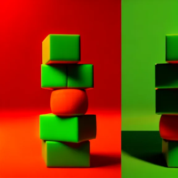 Image similar to a 3 d render of a stack of green cubes on the left and an orange ball on the right in a red room, blender, ue 5, octane render, trending on artstation