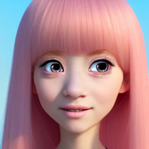 Prompt: A portrait of Nikki from Shining Nikki and Love Nikki, a cute 3d cgi toon young woman with long light pink hair, full bangs, hazel eyes, full round face, light makeup, pale skin, Chinese heritage, in the center midground, medium shot, mid-shot, hyperdetailed, 8k, trending on artstation, as a Pixar character