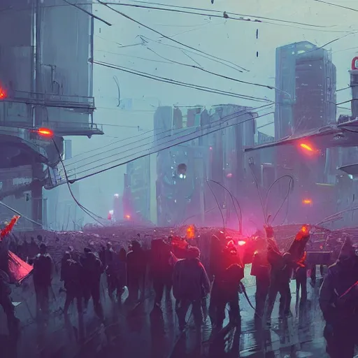 Image similar to Workers struggle against the bourgeoisie, workers strike, Simon Stalenhag, Wadim Kashin, digital art, trending on artstation, cinematic