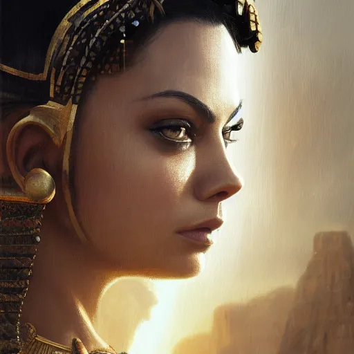 Prompt: closeup portrait of a mila kunis leigh as cleopatra, palace background, dramatic light, gorgeous view, depth, high detail, digital art, painted by greg rutkowski, trending on artstation