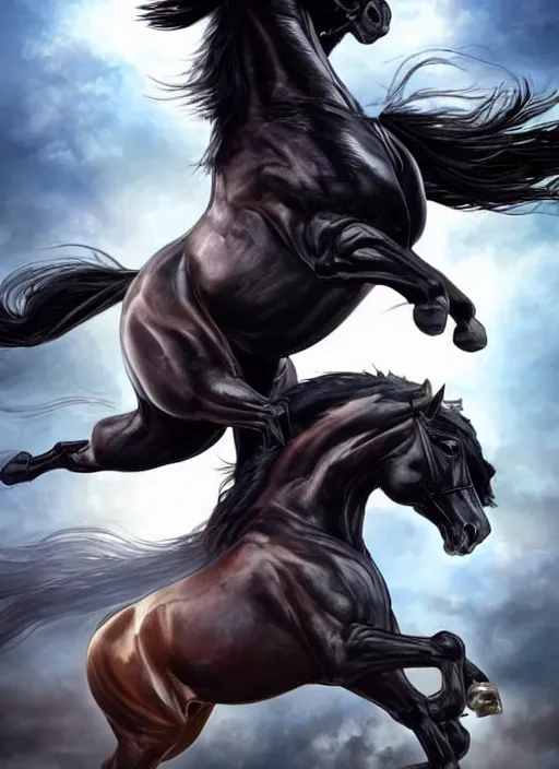 Image similar to the singular horseman of the apocalypse is riding a strong fierce ferocious black stallion, horse is up on its hind legs, the strong male rider is carrying the scales of justice, beautiful artwork by artgerm and rutkowski, breathtaking, beautifully lit, dramatic