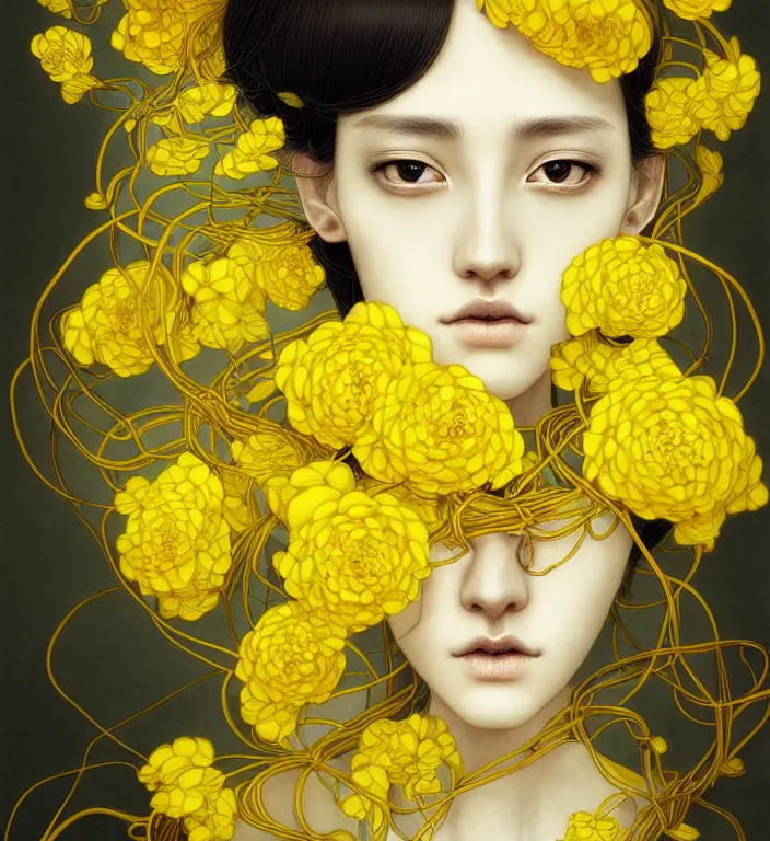 Image similar to beautiful yellow woman, symmetrical portrait, realistic, black peonies, tangled vines, rich details, by wlop and amano yoshitaka