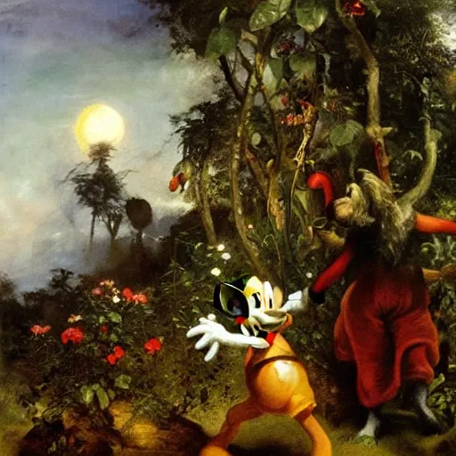 Image similar to mickey mouse entering the garden of eden, oil painting by jan matejko, masterpiece