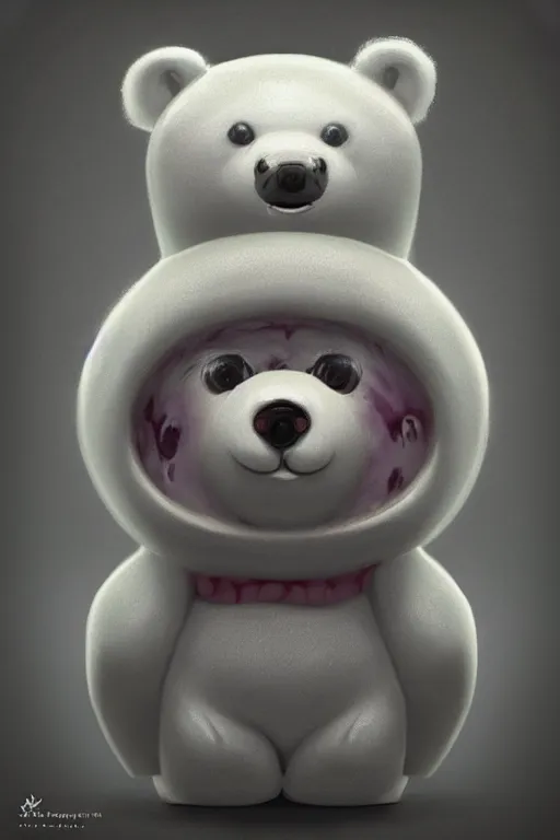 Image similar to cute porcelain ice bear doll, mark ryden style, vivid colors, high details, cinematic, 8 k resolution, beautiful detailed, photorealistic, digital painting, dark atmosphere, artstation, concept art, smooth, sharp focus, illustration, fantasy background, artstation trending, octane render, unreal engine