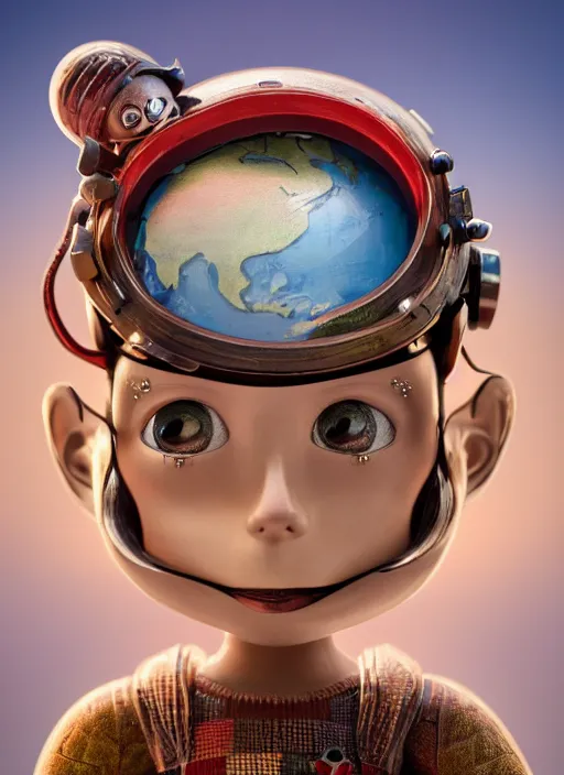 Image similar to closeup face profile portrait of tin toy planet earth, depth of field, zeiss lens, detailed, symmetrical, centered, fashion photoshoot, by nicoletta ceccoli, mark ryden, lostfish, breathtaking, 8 k resolution, extremely detailed, beautiful, establishing shot, artistic, hyperrealistic, octane render