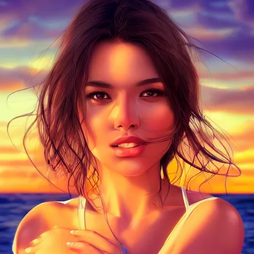Prompt: portrait of beautiful woman on the beach, brown eyes, sunset, highly detailed, bokeh, digital painting by rossdraws, artgerm.