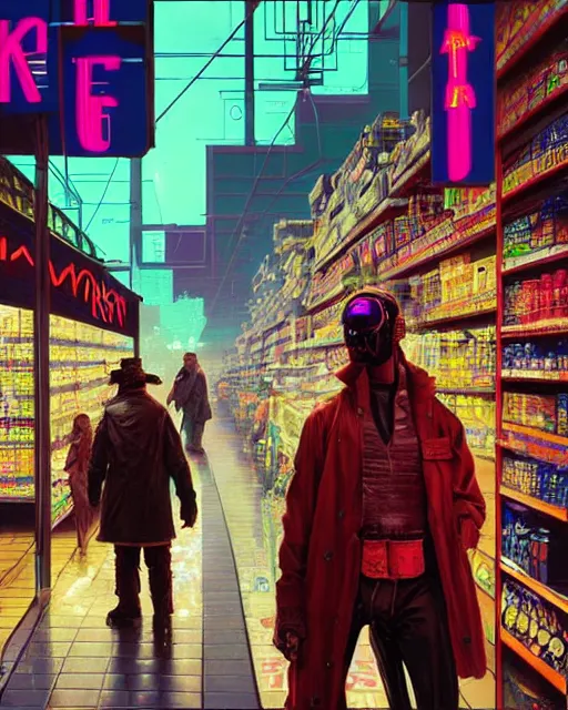 Prompt: cyberpunk man shopping at a neon soaked grocery store, science fiction painting, elegant intricate digital painting artstation, art by norman rockwell, detailed