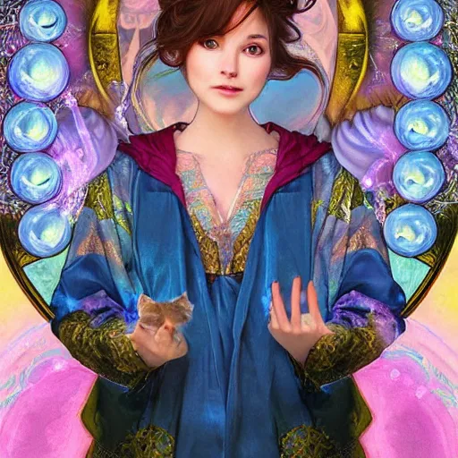 Prompt: dream portrait of a cat wizard wearing blue robes, dreamy and ethereal, expressive pose, big pink eyes, exciting expression, fantasy, intricate, elegant, many rainbow bubbles, rose tones, highly detailed, digital painting, artstation, concept art,cyberpunk wearing, smooth, sharp focus, illustration, art by artgerm and greg rutkowskiand alphonse mucha,Salvador Dali.