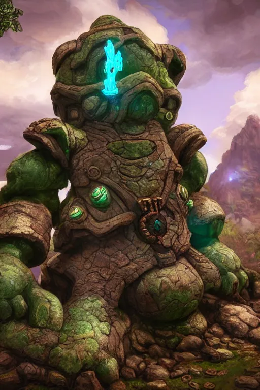 Image similar to zelda fantasy art giant golem troll wood rock greeble gemstone, global illumination ray tracing hdr fanart arstation by sung choi and eric pfeiffer and gabriel garza and casper konefal