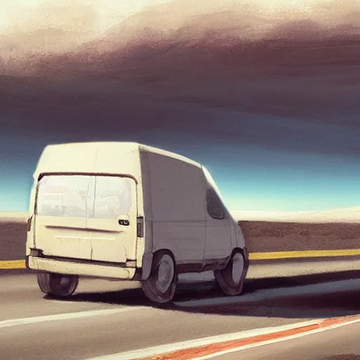 Prompt: a beautiful painting of a lone blue van driving down a single highway running through a deserted nevada highway, drawn by todd macfarlane and greg rutkowski.