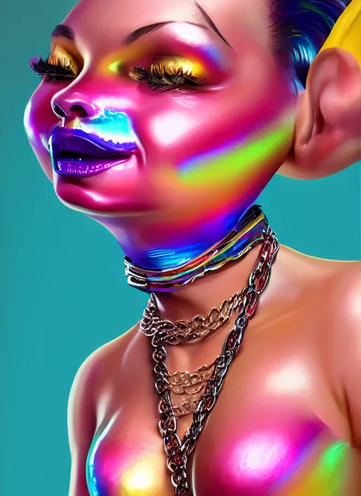 Prompt: full body digital artwork of a banana, wearing iridescent rainbow latex bikini, 4 k, expressive happy smug expression, makeup, in style of mark arian, wearing detailed pink leather collar, wearing chains, detailed face and eyes,