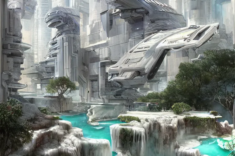 Image similar to futuristic cyberpunk city with lush garden at rgb Pamukkale, thermal waters flowing down white travertine terraces, intricate, elegant, luxurious, digital painting, concept art, smooth, sharp focus, from Star Trek 2021, illustration, by WLOP and Ruan Jia and Mandy Jurgens and William-Adolphe Bouguereau, Artgerm