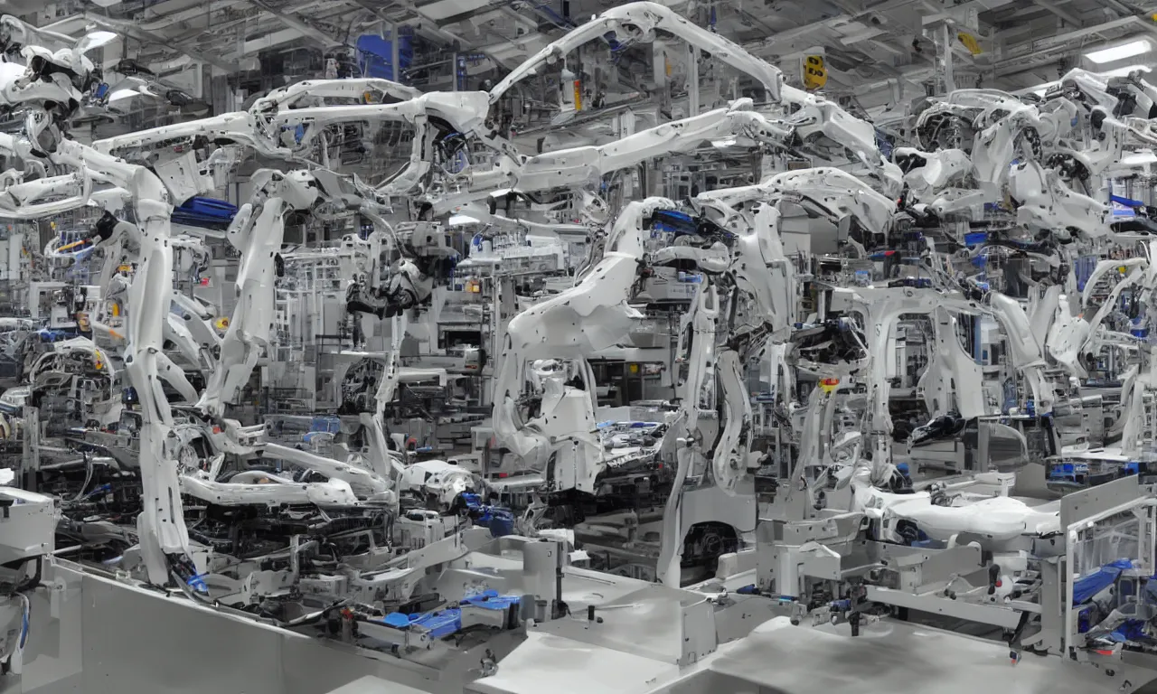 Prompt: automated car assembly line with robotic arms, straight camera view, low angle camera view