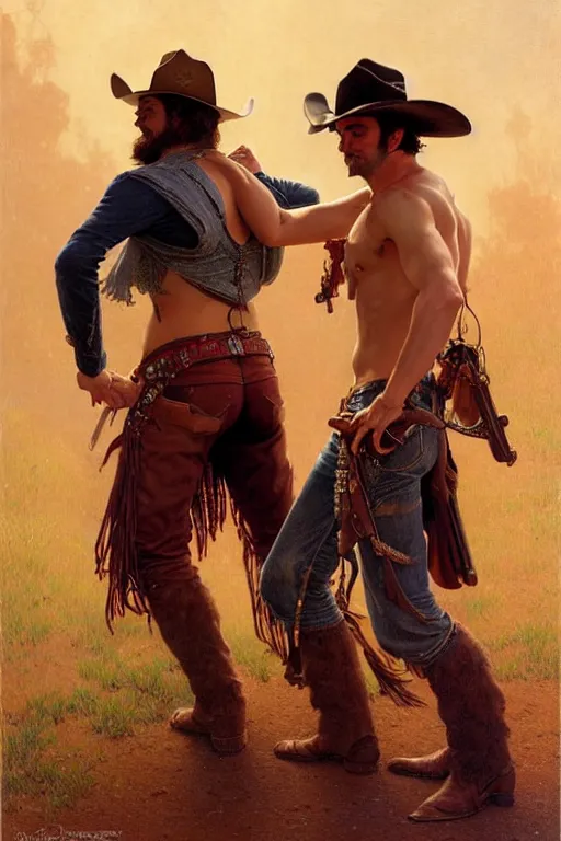 Prompt: attractive shirtless gunslinger and his handsome cowboy, they are in love, wearing fringed leather pants and bandoliers, homoerotic, natural lighting, path traced, highly detailed, high quality, digital painting, by gaston bussiere, craig mullins, alphonse mucha, j. c. leyendecker