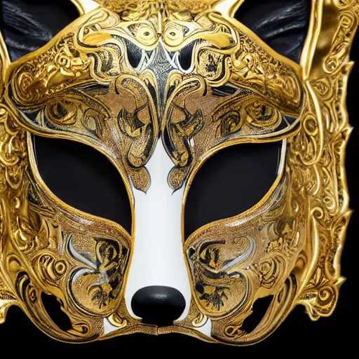 Image similar to an ornate fox mask, detailed with white and gold filagree and goldleaf decorative elements, sitting on a desk, painstaking detail, black lacquer, glossy shiny reflective, splashed with graffiti art