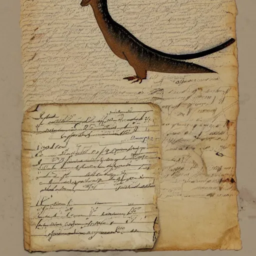 Prompt: vintage parchment with a sketch of a feathered dinosaur with full descriptions, 8K, HD, highly detailed, high quality