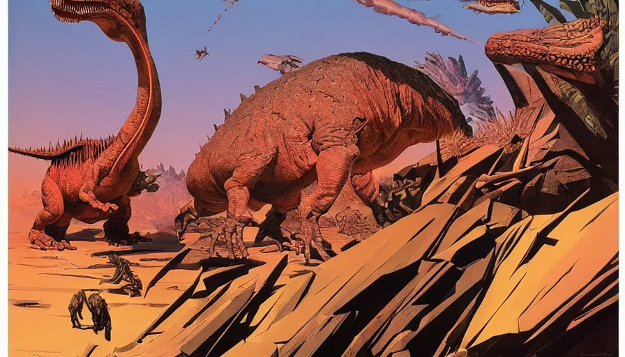 Image similar to the impact that destroyed the dinosaurs by syd mead and moebius, hyperrealistic, dinosaurs scorched
