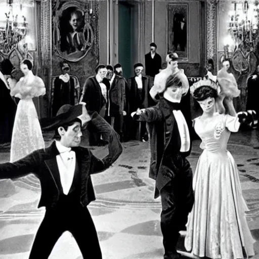 Prompt: ballroom scene from the leopard by luchino visconti with alain delon and claudia cardinale and an alien!!!! set in the 1 9 th century in an italian villa. technicolor!!!!, highly intricate, 5 0 mm