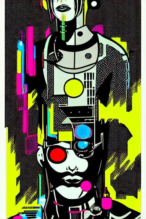 Image similar to futuristic japanese cyberpunk by roy lichtenstein, by andy warhol, ben - day dots, pop art, bladerunner, pixiv contest winner, cyberpunk style, cyberpunk color scheme, mechanical, high resolution, hd, intricate detail, fine detail, 8 k