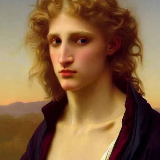 Image similar to PORTRAIT Painting of an albino germanic young androgynous Apollo. LONG CURLY light blond hair. Sharp angular clean shaven face high cheekbones hooked nose. Art by william adolphe bouguereau. During golden hour. Extremely detailed. Beautiful. 4K. Award winning.