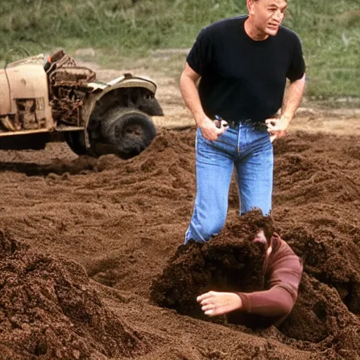 Prompt: Tom Hanks on all fours eating a pile of dirt