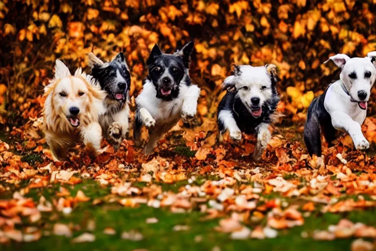 Image similar to dogs running towards the camera while breaking through a pile of autumn leaves