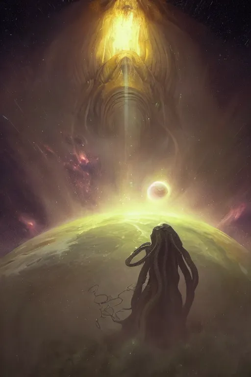 Image similar to cthulhu in space looking at earth, larger than earth, huge, towering, gigantic, high octane, 8 k, digital art, magic the gathering, mtg, by greg rutkowski, trending on artstation