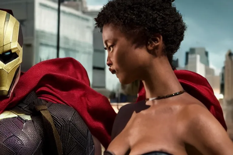 Image similar to movie powerful mutant heroes interracial couple closeup, DC Marvel fashion, VFX powers at night in the city, city street, beautiful skin, natural lighting by Emmanuel Lubezki