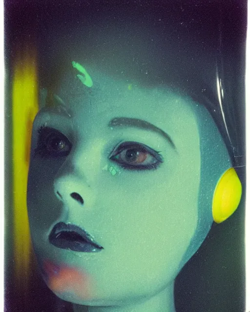 Image similar to cut and paste, featureless surprised robotic woman's face, strange bob hair, dark makeup, violet and yellow and green and blue lighting, polaroid photo, 1 9 6 0 s, atmospheric, whimsical and psychedelic, grainy, expired film, super glitched, corrupted file, ghostly, bioluminescent glow, sci - fi, twisty