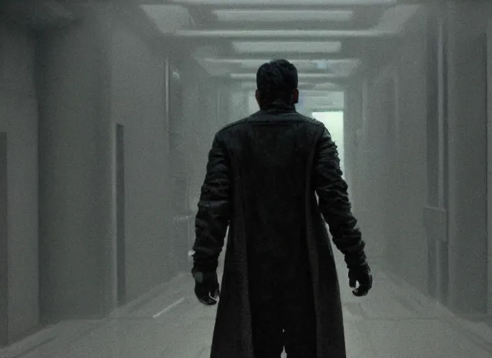 Prompt: man wearing black cyberpunk coat tattered. cybernetic hand polished metal long spindly fingers, walking down, white marble hallway gold trim. Scene from Bladerunner 2049 (2017) Artstation trending 720p.