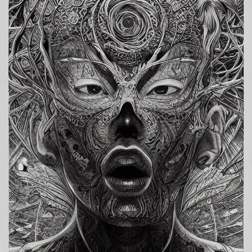 Image similar to holographic interface painted in alex grey and cameron gray style drawn by vania zouravliov and takato yamamoto, inspired by ooioo, intricate wood carving, black and white, 3 d, high detail, sharp high detail, artstation, octane
